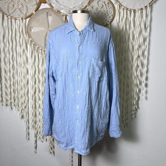 CP Shades Tops - CP Shades Summer Blue Embroidered Cotton Long Sleeve Button Down Blouse XL